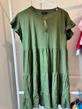 J. Crew Olive Green Tiered Flutter-Sleeve Cotton Dress